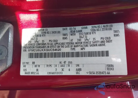 2016 Ford Escape Titanium z USA, uszkodzony, nr VIN 1FMCU0JXXGUC54620